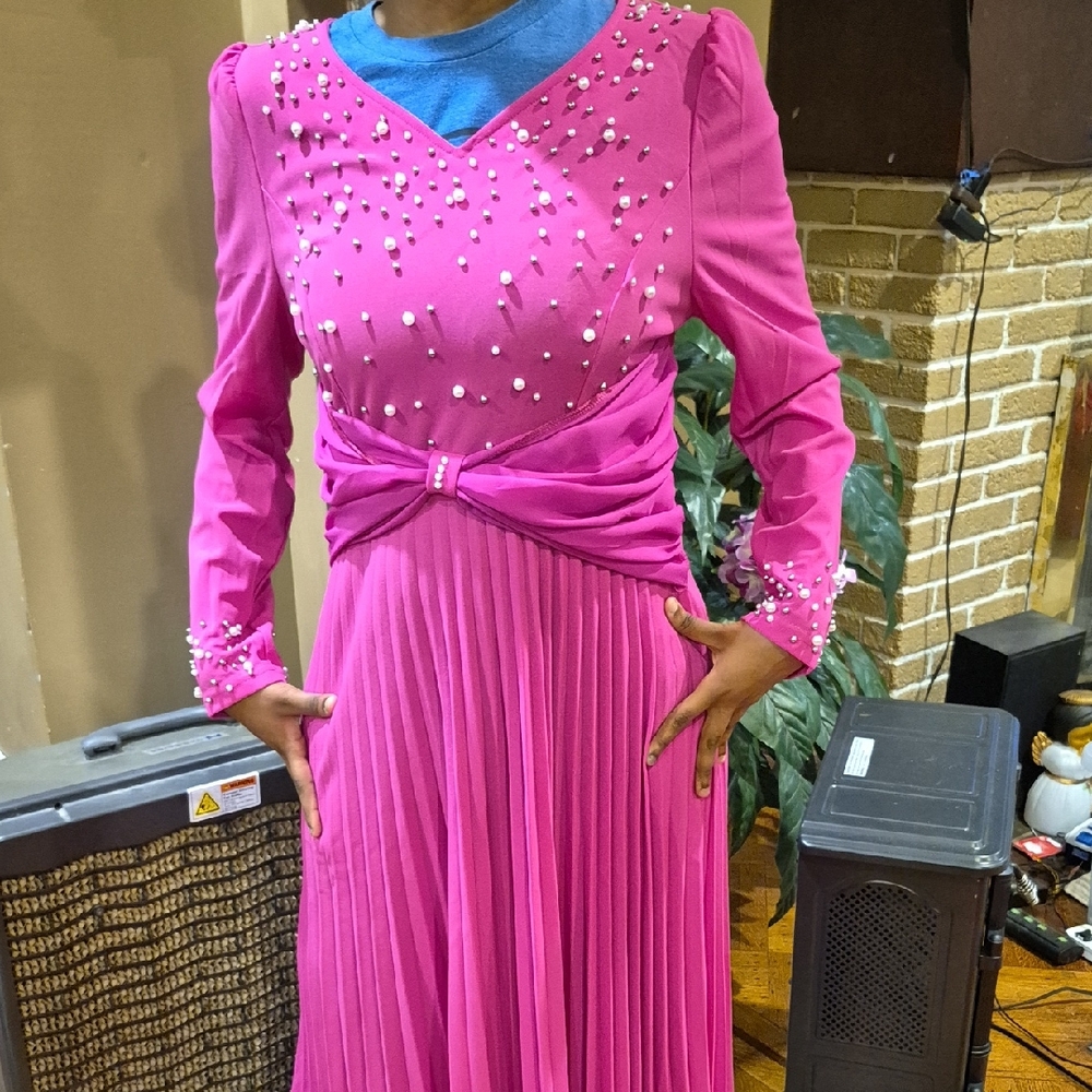 NEW---Embellished Bright Pink Long-Sleeve Maxi Dress with Pleated Skirt